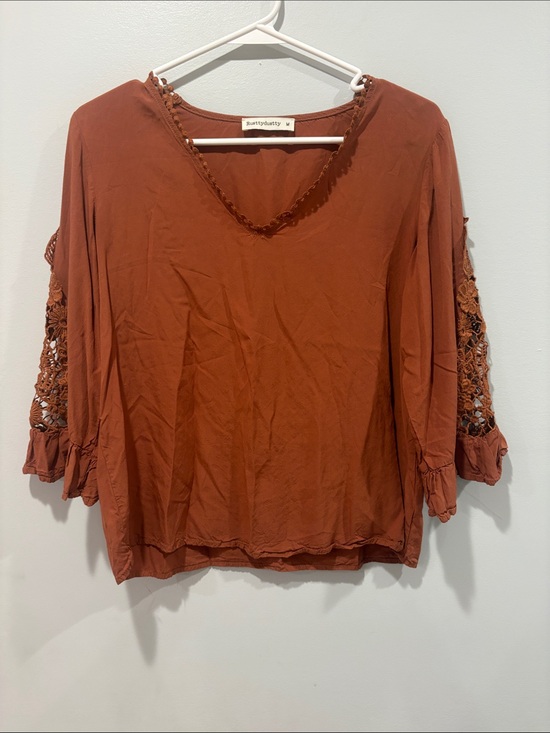 Rusttydustty Tops - Rust Crochet-Sleeve V-Neck Blouse - Women ptp 21 length 26